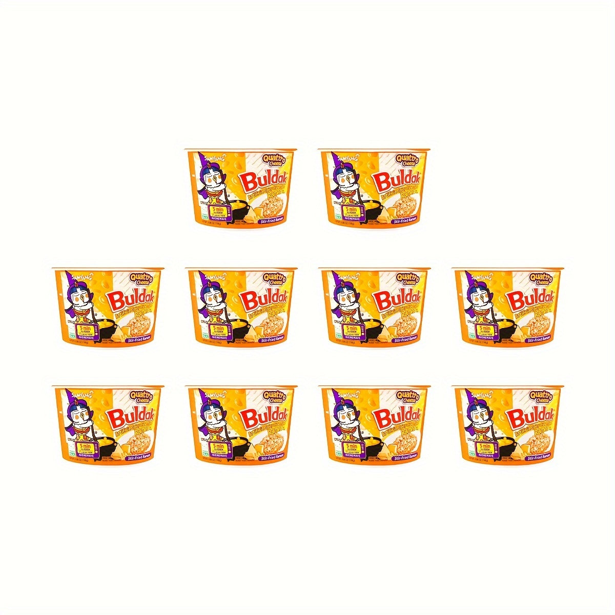 10 Packs of Samyang Buldak Stir-Fried Ramen Bowl - Quattro Cheese Hot Chicken Flavor Pasta & Noodle Gifts - Spicy Korean-Style Noodle Bowl with Rich Cheese Flavor and Savory Chicken Broth