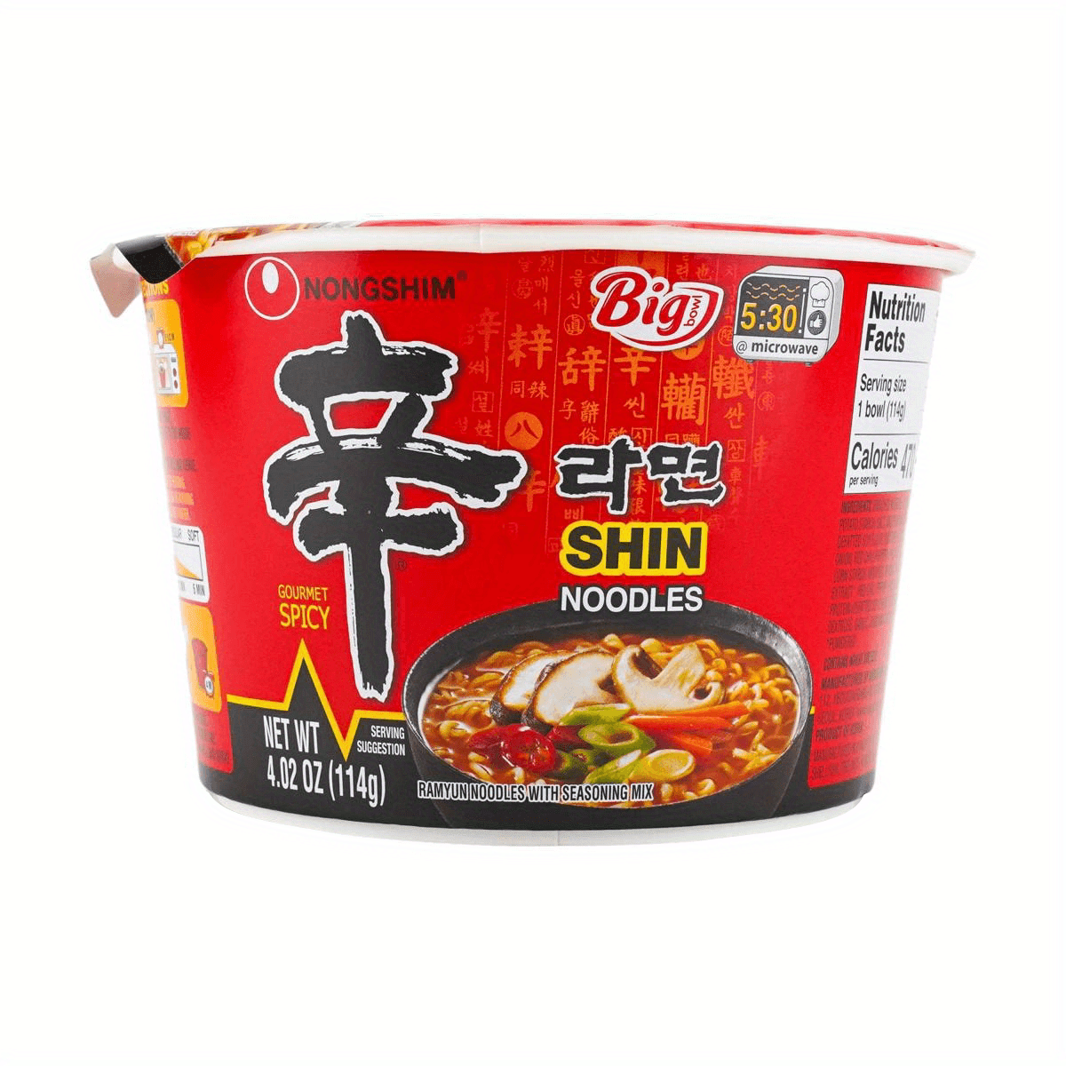 NONGSHIM, 12packs*4.02oz, Korean Spicy Shin Noodles - Instant Ramen Soup, Big Bowl