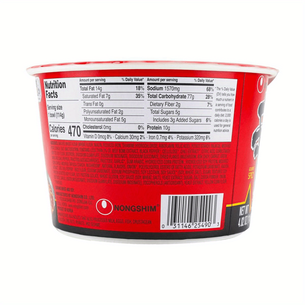 NONGSHIM, 12packs*4.02oz, Korean Spicy Shin Noodles - Instant Ramen Soup, Big Bowl