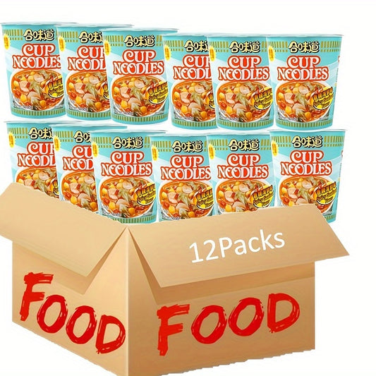 NISSIN, 12pakcs*2.54oz, Spicy Seafood Flavor Cup Noodles, Refreshing Instant Ramen