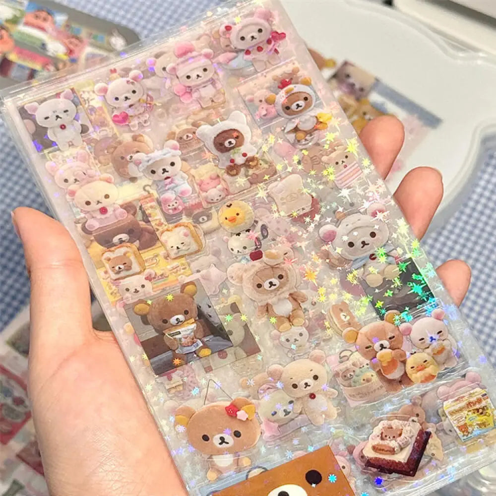 5pcs Hello Kitty Rilakkuma Cartoon Die-cutting Sticker Cute Kitty Cat Flashing Laser Stickers Anime Handbooks Material Stickers