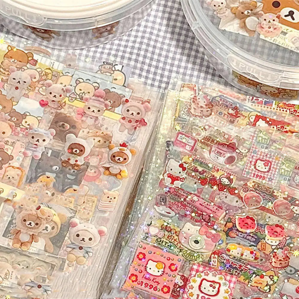 5pcs Hello Kitty Rilakkuma Cartoon Die-cutting Sticker Cute Kitty Cat Flashing Laser Stickers Anime Handbooks Material Stickers