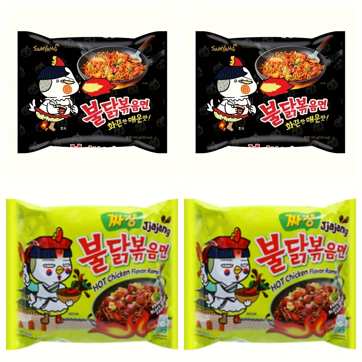 2*2bags, 2 Flavors Mix 4 Bags, Artificial Spicy Chicken Flavor Ramen Jjajang 2bags*140g+Ramen Original*2bags*140g